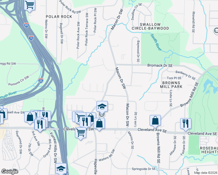 map of restaurants, bars, coffee shops, grocery stores, and more near 2520 Old Hapeville Road Southwest in Atlanta