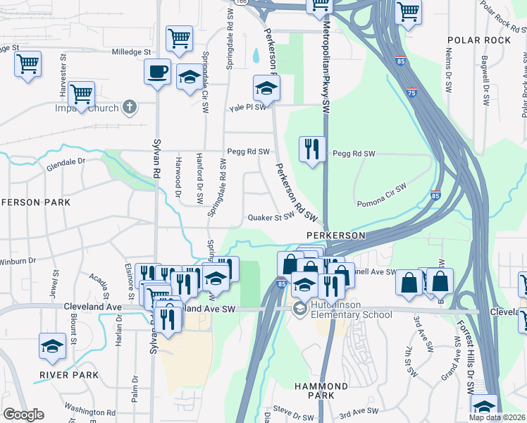 map of restaurants, bars, coffee shops, grocery stores, and more near 728 Quaker Street Southwest in Atlanta