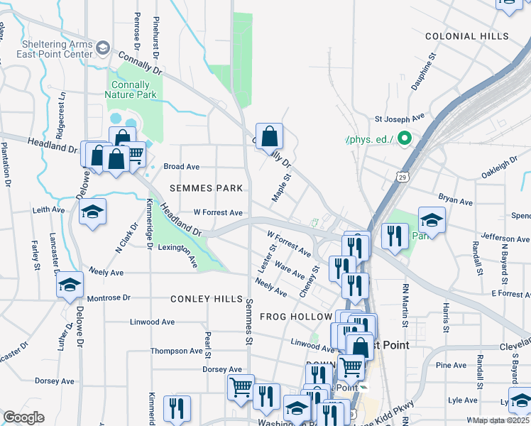 map of restaurants, bars, coffee shops, grocery stores, and more near 2556 Semmes Street in East Point