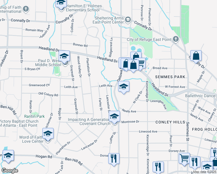 map of restaurants, bars, coffee shops, grocery stores, and more near 2564 Lancaster Drive in East Point