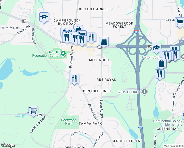 map of restaurants, bars, coffee shops, grocery stores, and more near 2543 Susan Lane Southwest in Atlanta