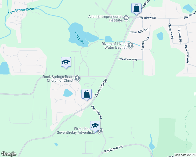 map of restaurants, bars, coffee shops, grocery stores, and more near 6555 Rock Springs Road in Stonecrest