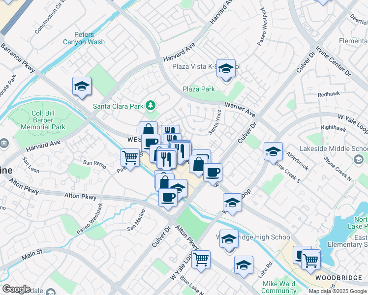 map of restaurants, bars, coffee shops, grocery stores, and more near 703 Solvay Aisle in Irvine