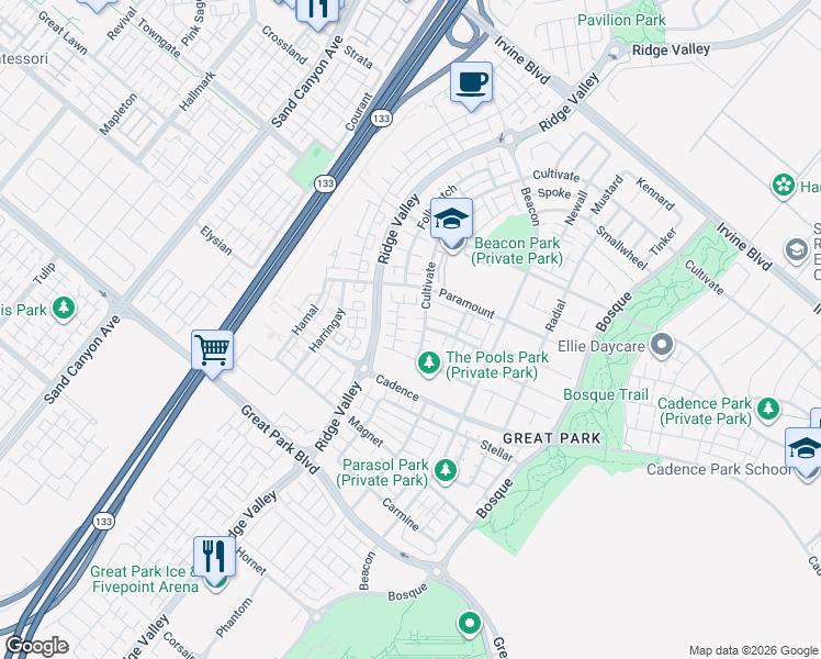 map of restaurants, bars, coffee shops, grocery stores, and more near 119 Cultivate in Irvine