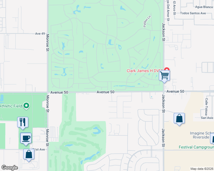 map of restaurants, bars, coffee shops, grocery stores, and more near 49840 Quinn Way in Indio