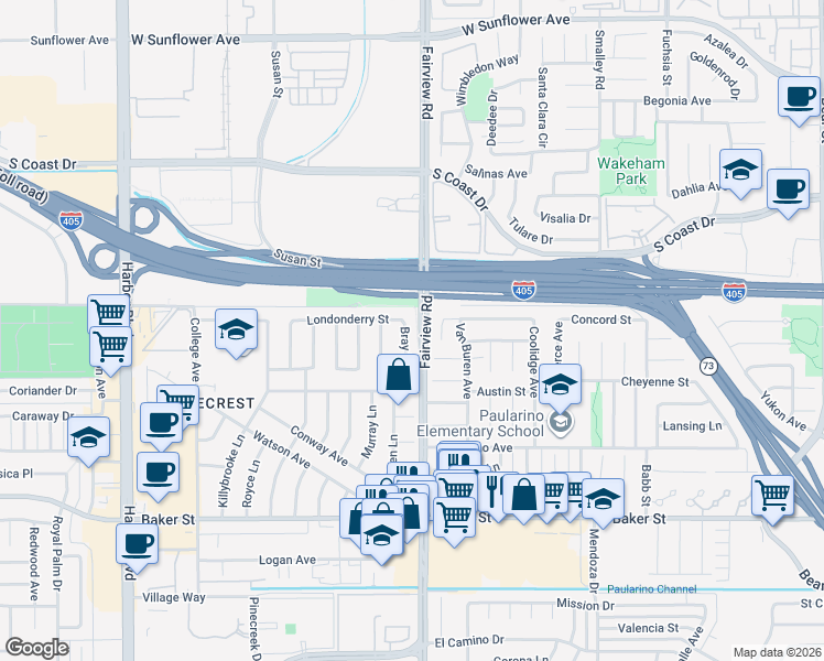 map of restaurants, bars, coffee shops, grocery stores, and more near 1198 Boise Way in Costa Mesa