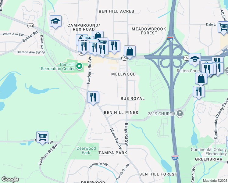 map of restaurants, bars, coffee shops, grocery stores, and more near 2543 Susan Lane Southwest in Atlanta