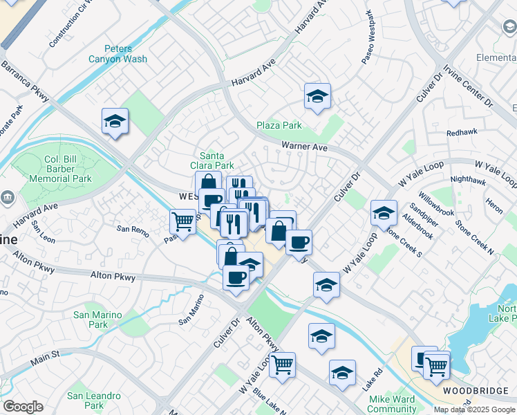 map of restaurants, bars, coffee shops, grocery stores, and more near 701 Solvay Aisle in Irvine