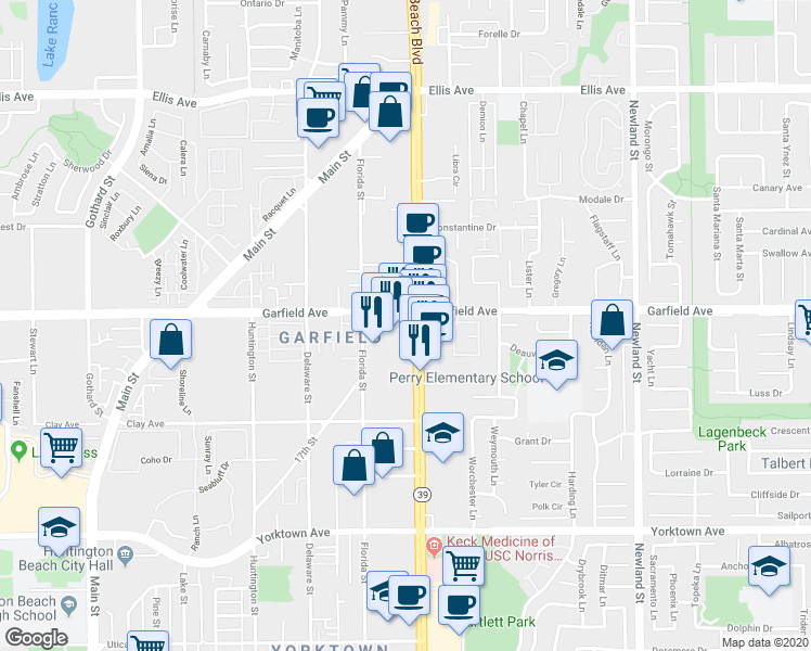 map of restaurants, bars, coffee shops, grocery stores, and more near 19105 Beach Boulevard in Huntington Beach