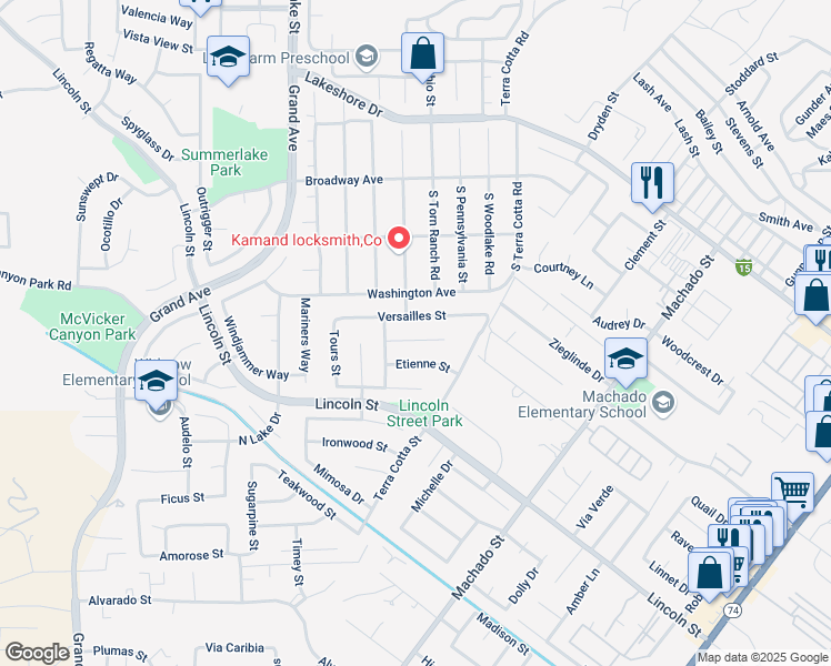 map of restaurants, bars, coffee shops, grocery stores, and more near 15160 Biarritz Street in Lake Elsinore