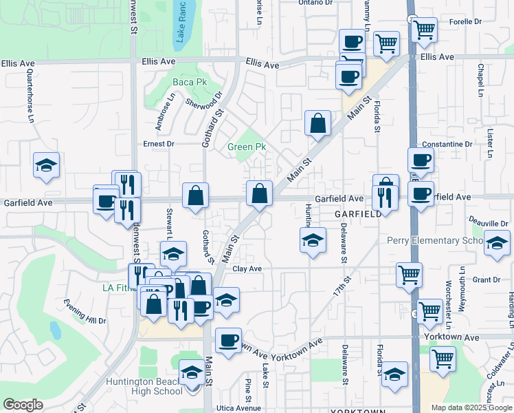 map of restaurants, bars, coffee shops, grocery stores, and more near 19051 Main Street in Huntington Beach