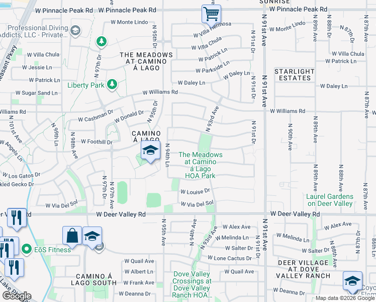 map of restaurants, bars, coffee shops, grocery stores, and more near 9355 West Via Montoya Drive in Peoria