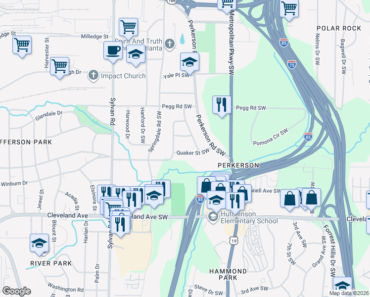 map of restaurants, bars, coffee shops, grocery stores, and more near 728 Quaker Street Southwest in Atlanta