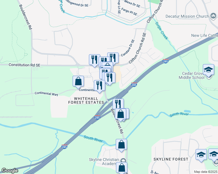 map of restaurants, bars, coffee shops, grocery stores, and more near 2594 Bouldercrest Road in Atlanta