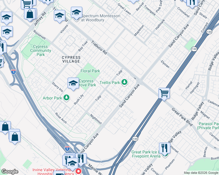 map of restaurants, bars, coffee shops, grocery stores, and more near 55 Field Poppy in Irvine