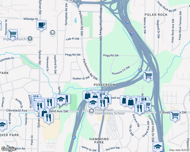 map of restaurants, bars, coffee shops, grocery stores, and more near 2512 Perkerson Road Southwest in Atlanta