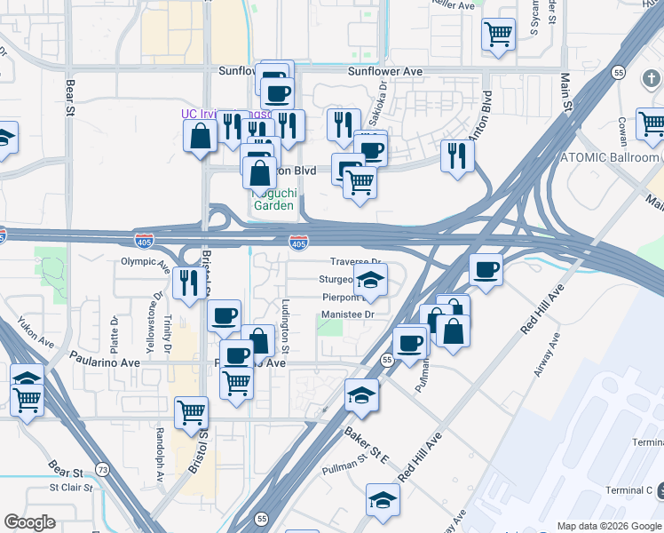 map of restaurants, bars, coffee shops, grocery stores, and more near 559 Traverse Drive in Costa Mesa