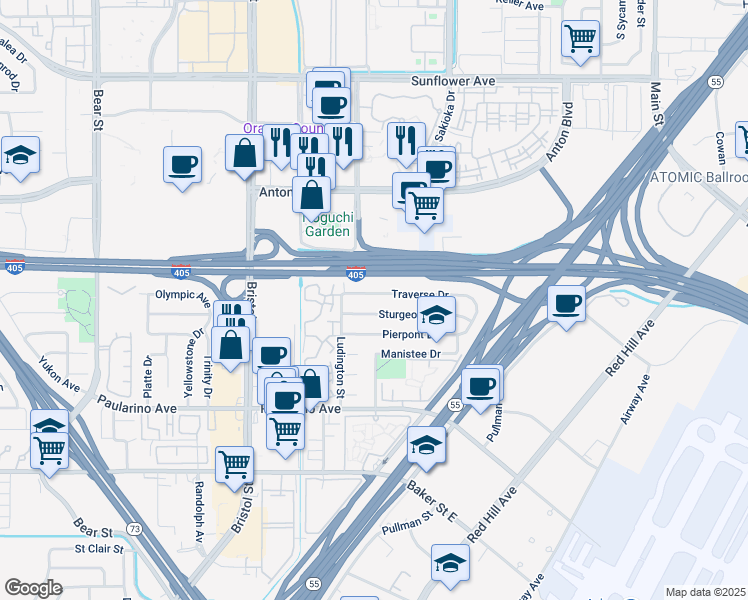 map of restaurants, bars, coffee shops, grocery stores, and more near 575 Traverse Drive in Costa Mesa