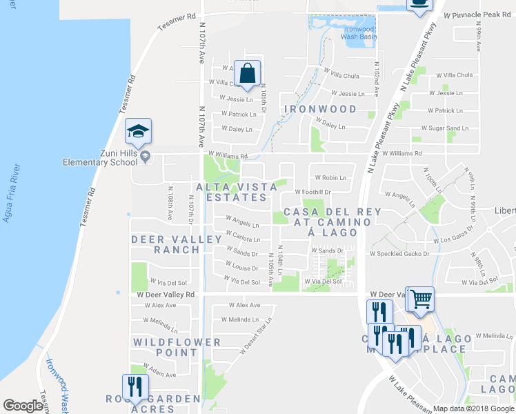 map of restaurants, bars, coffee shops, grocery stores, and more near 10526 West Via Montoya Drive in Peoria