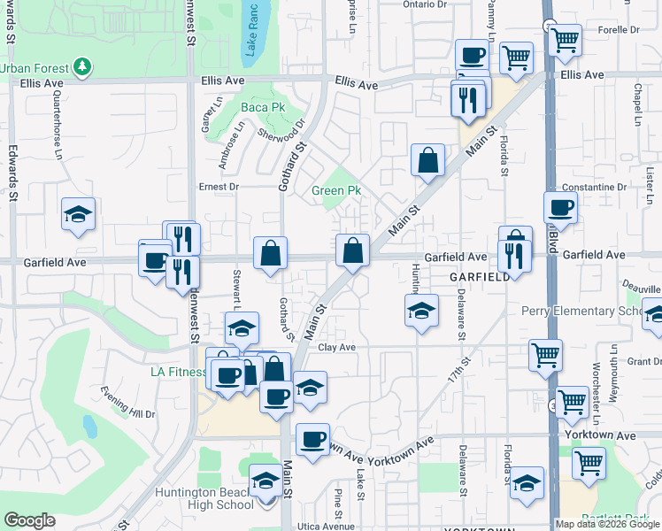 map of restaurants, bars, coffee shops, grocery stores, and more near 19011 Main Street in Huntington Beach