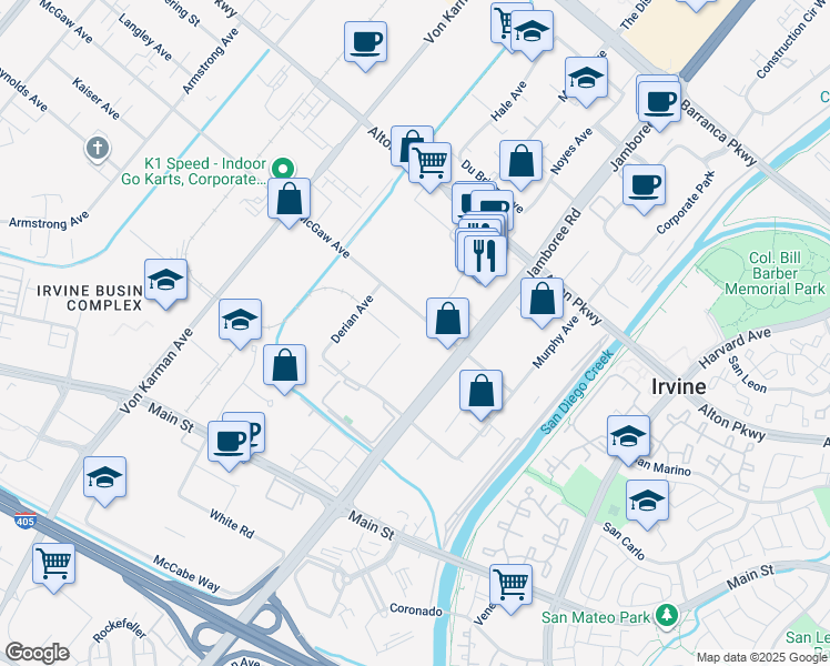 map of restaurants, bars, coffee shops, grocery stores, and more near 2652 McGaw Avenue in Irvine