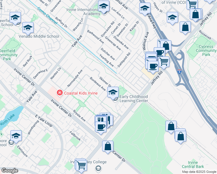 map of restaurants, bars, coffee shops, grocery stores, and more near 5236 Skinner Street in Irvine