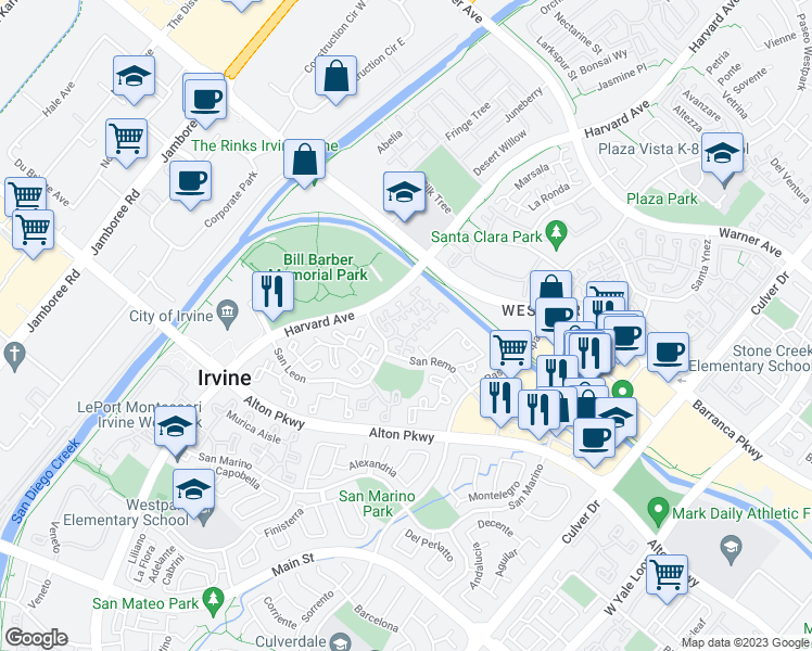 map of restaurants, bars, coffee shops, grocery stores, and more near 8 Cuzzano Aisle in Irvine