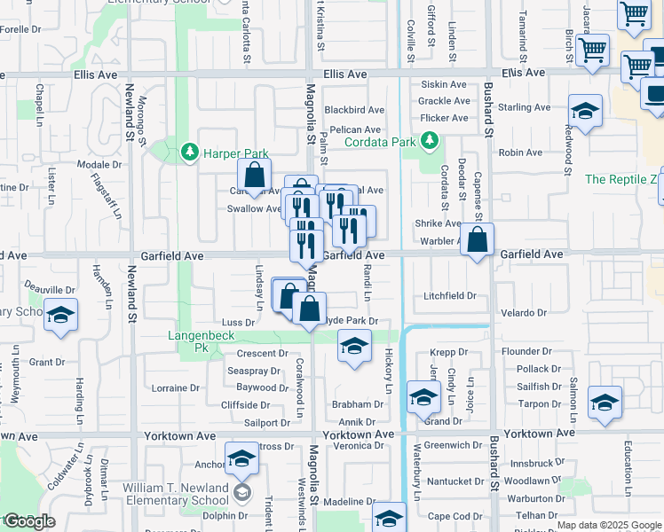 map of restaurants, bars, coffee shops, grocery stores, and more near 9042 Garfield Avenue in Huntington Beach