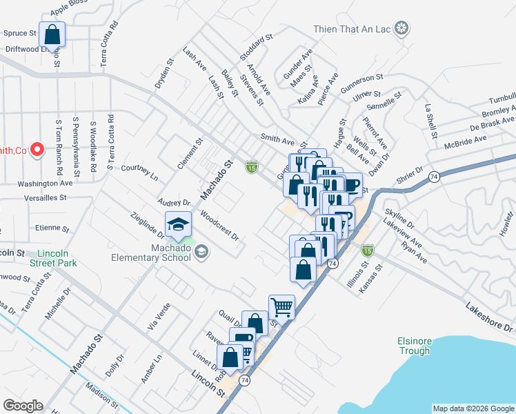 map of restaurants, bars, coffee shops, grocery stores, and more near in Lake Elsinore