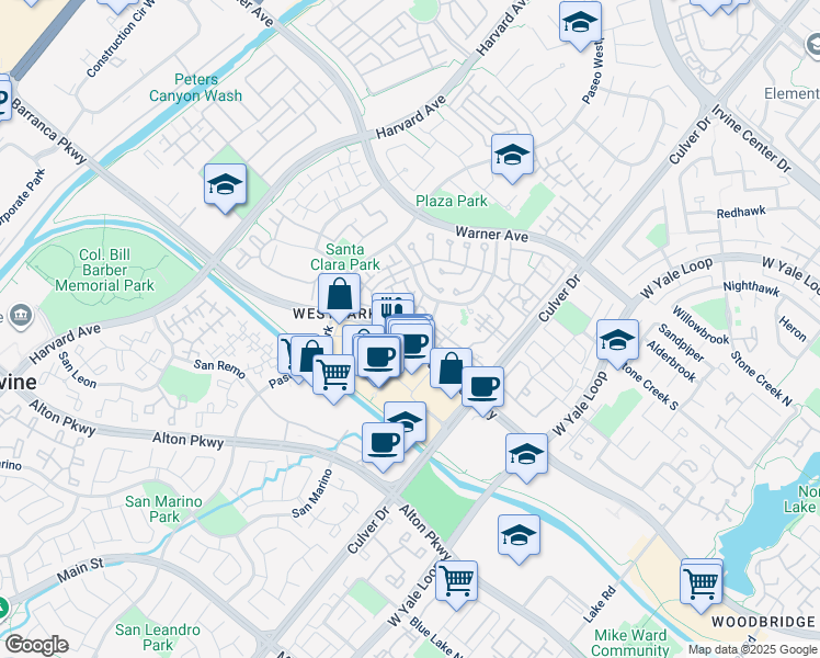 map of restaurants, bars, coffee shops, grocery stores, and more near 802 Solvay Aisle in Irvine