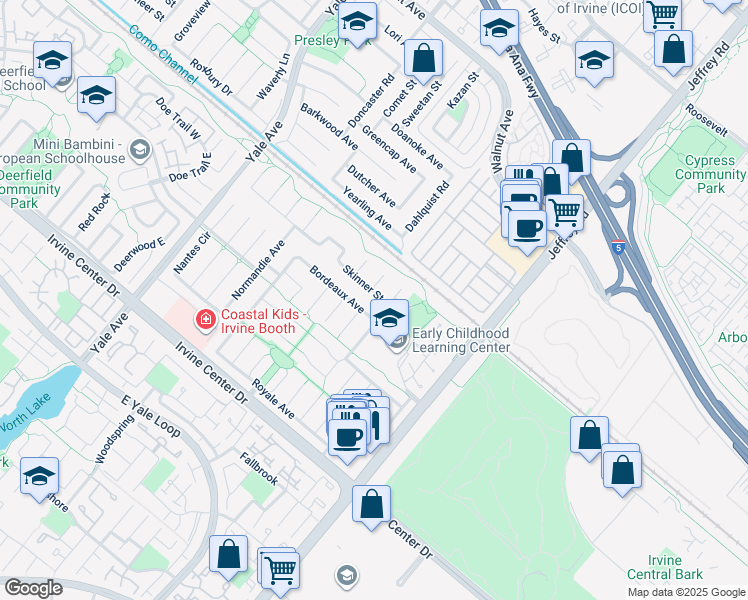 map of restaurants, bars, coffee shops, grocery stores, and more near 5236 Skinner Street in Irvine