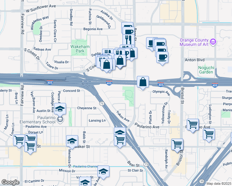 map of restaurants, bars, coffee shops, grocery stores, and more near 900 Tanana Place in Costa Mesa