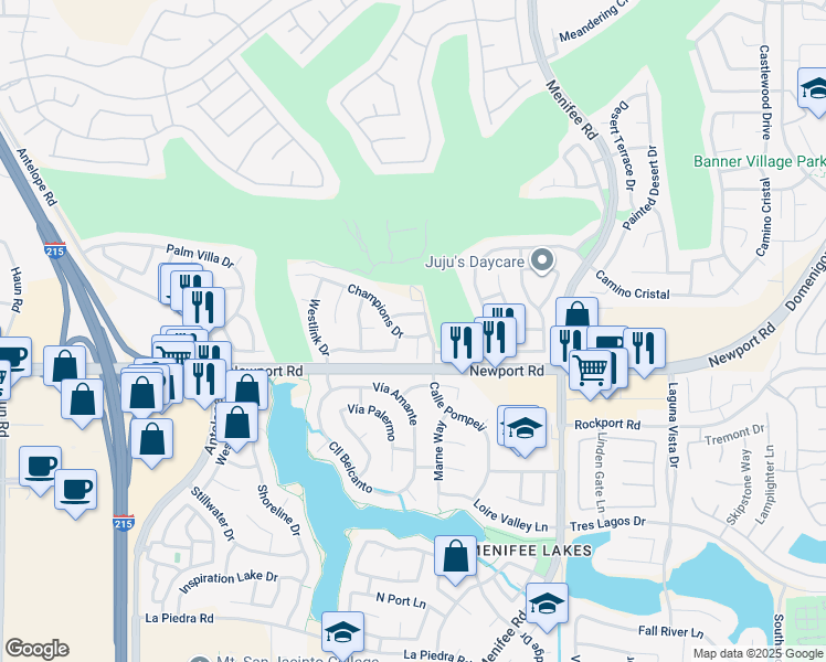 map of restaurants, bars, coffee shops, grocery stores, and more near 28886 Champions Drive in Menifee