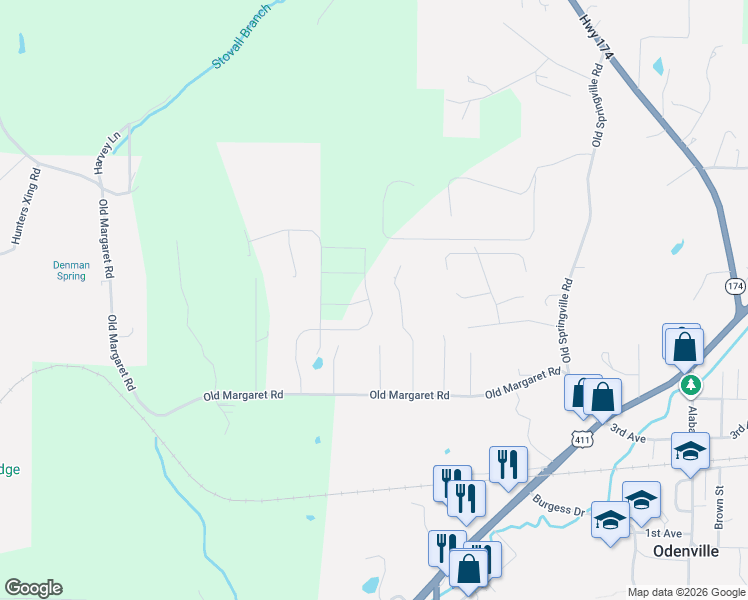 map of restaurants, bars, coffee shops, grocery stores, and more near 385 Pine Ridge Drive in Odenville
