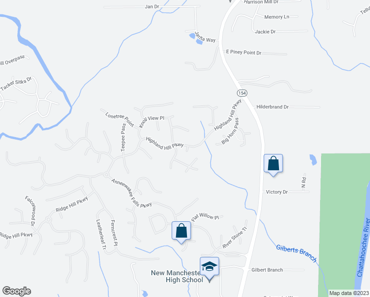 map of restaurants, bars, coffee shops, grocery stores, and more near 2835 Highland Hill Parkway in Douglasville
