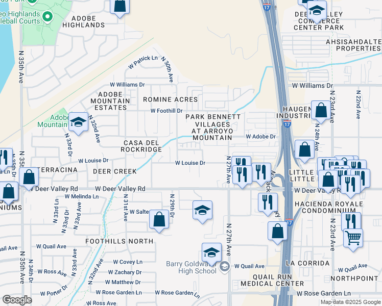 map of restaurants, bars, coffee shops, grocery stores, and more near Unnamed Road in Phoenix
