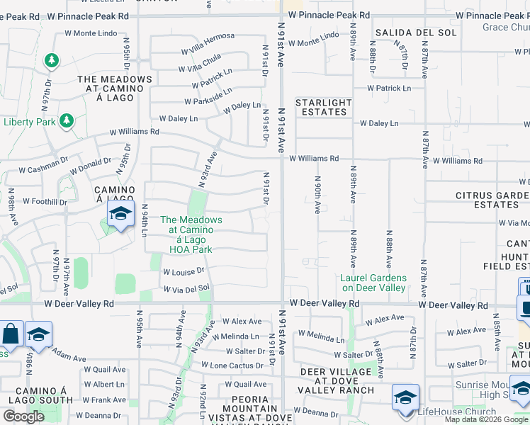 map of restaurants, bars, coffee shops, grocery stores, and more near 22423 North 91st Avenue in Peoria