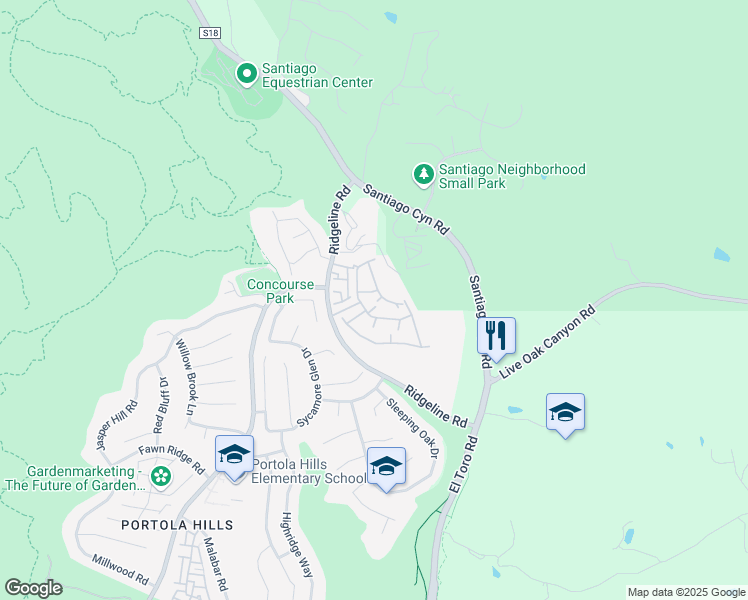 map of restaurants, bars, coffee shops, grocery stores, and more near 18932 Canyon Hill Drive in Trabuco Canyon