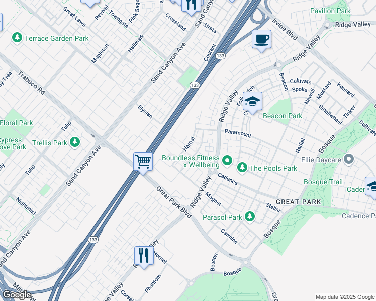 map of restaurants, bars, coffee shops, grocery stores, and more near 1186 Hamal in Irvine