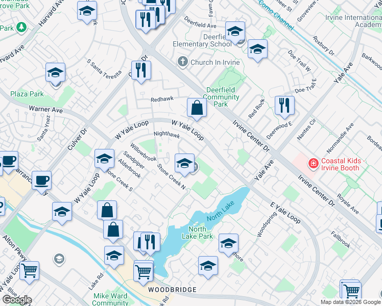 map of restaurants, bars, coffee shops, grocery stores, and more near 95 Nighthawk in Irvine