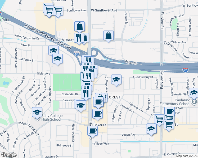 map of restaurants, bars, coffee shops, grocery stores, and more near 1441 Gisler Avenue in Costa Mesa