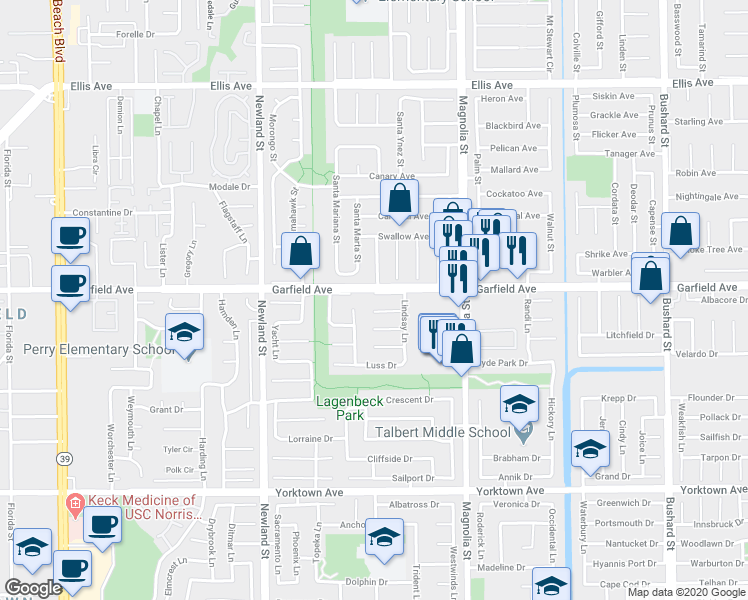 map of restaurants, bars, coffee shops, grocery stores, and more near 18986 Santa Catherine Street in Fountain Valley
