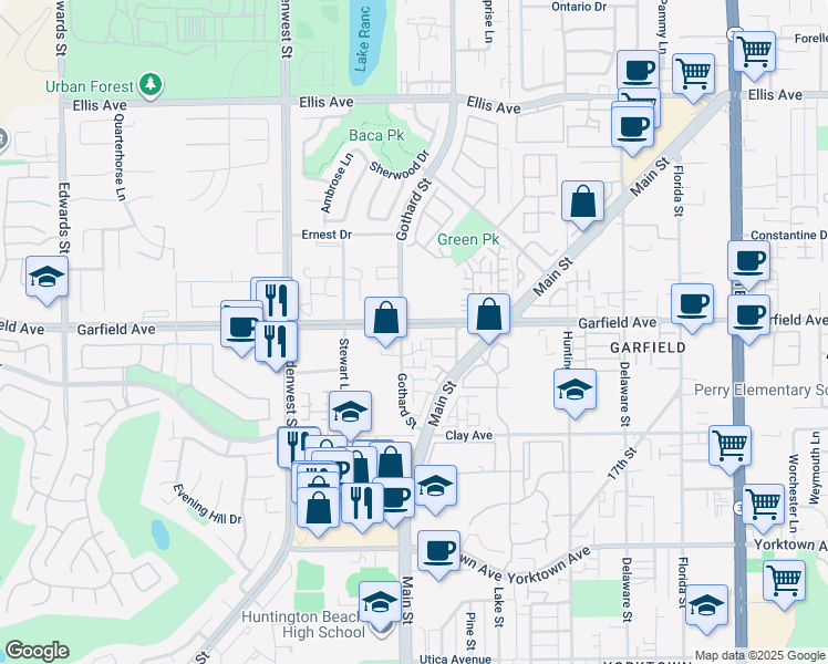 map of restaurants, bars, coffee shops, grocery stores, and more near 18961 Gothard Street in Huntington Beach