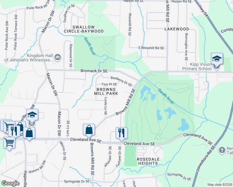map of restaurants, bars, coffee shops, grocery stores, and more near 257 Toni Place Southeast in Atlanta