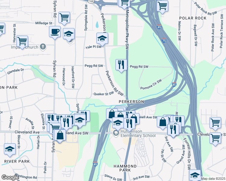 map of restaurants, bars, coffee shops, grocery stores, and more near 2501 Perkerson Road Southwest in Atlanta