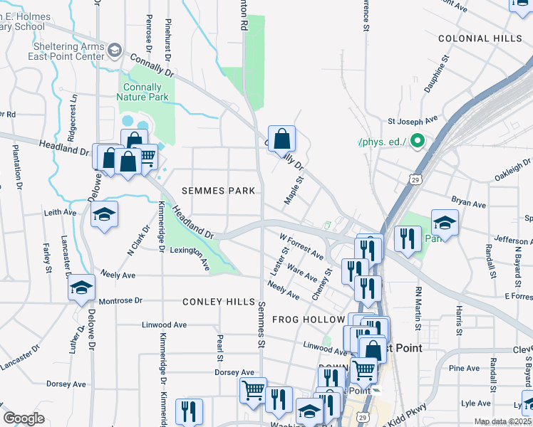 map of restaurants, bars, coffee shops, grocery stores, and more near 2498 Semmes Street in East Point