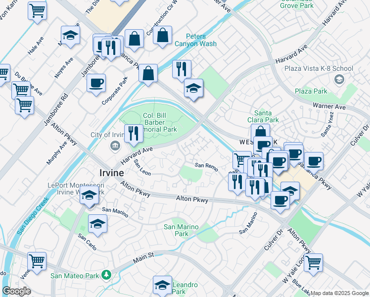 map of restaurants, bars, coffee shops, grocery stores, and more near 3 Medici Aisle in Irvine