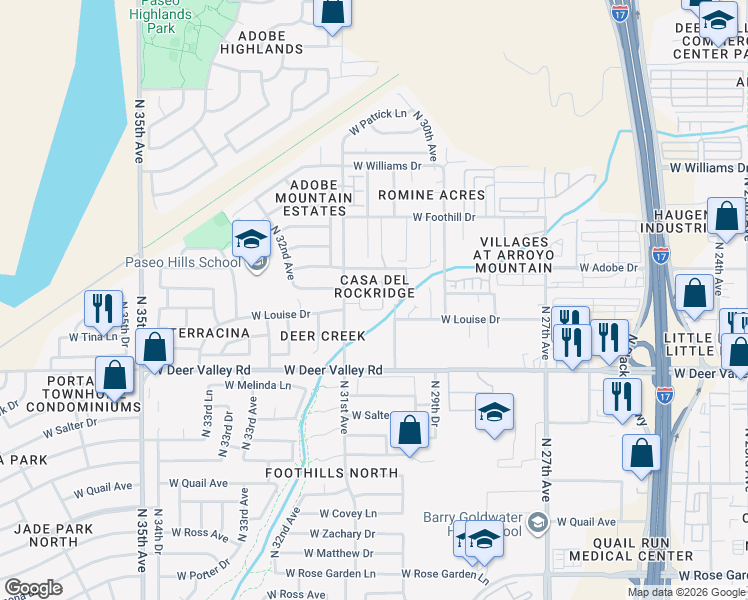 map of restaurants, bars, coffee shops, grocery stores, and more near 22020 North 30th Drive in Phoenix
