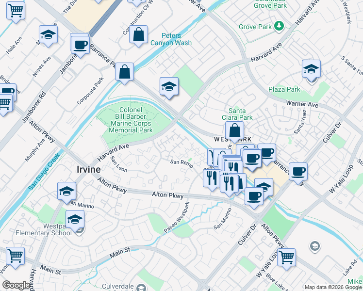 map of restaurants, bars, coffee shops, grocery stores, and more near 10 Bettoni Aisle in Irvine
