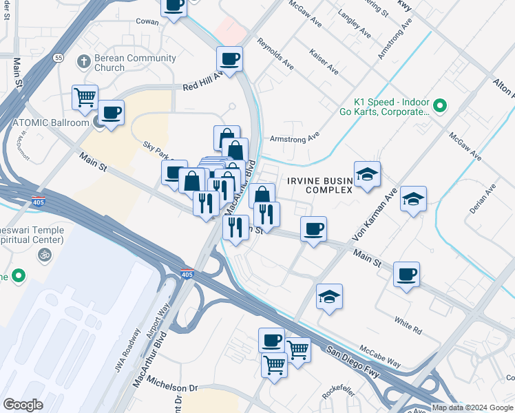 map of restaurants, bars, coffee shops, grocery stores, and more near 132 Citysquare in Irvine